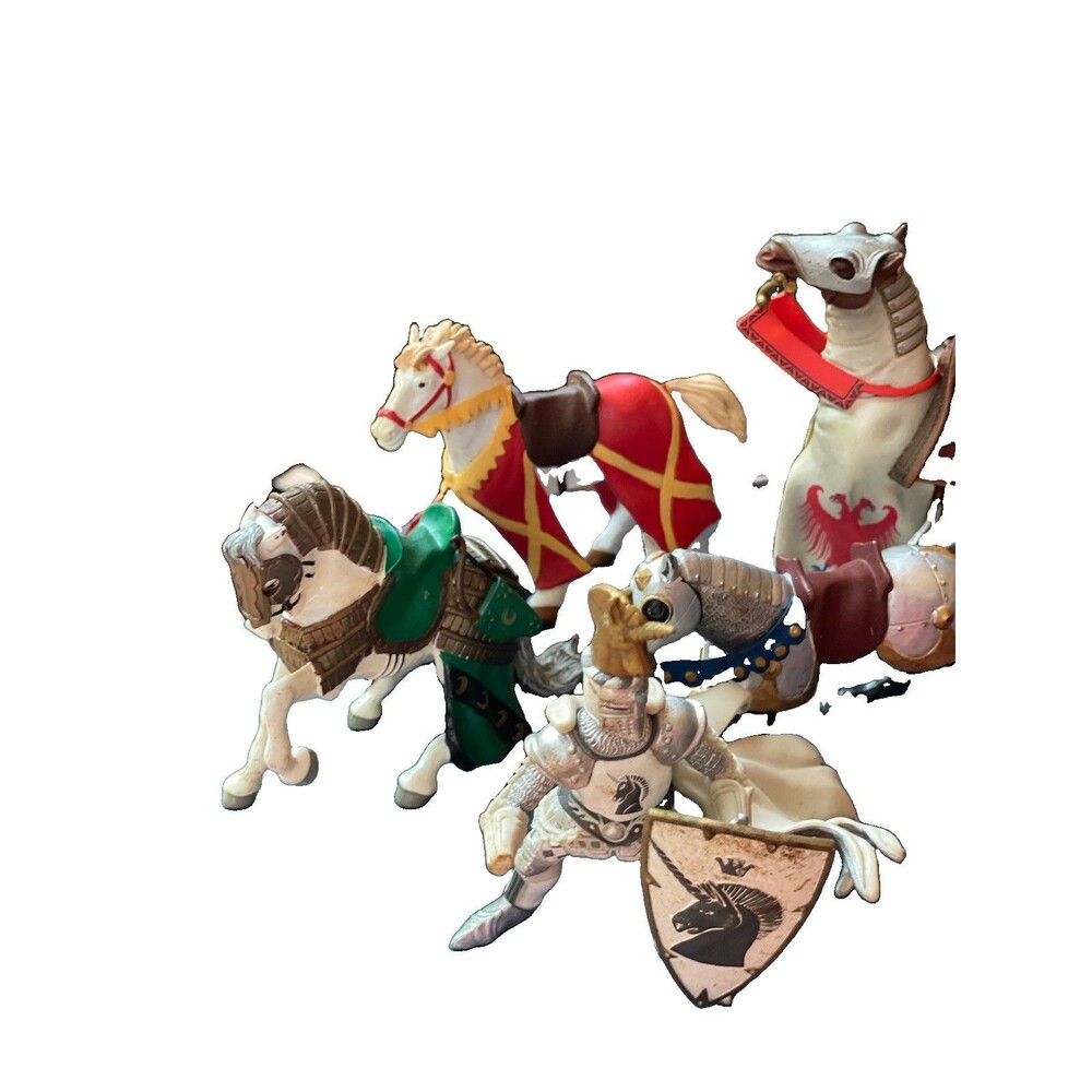Vintage Papo & Schleich Medieval Knight & Horses Action Figure Lot - 5pc Mixed